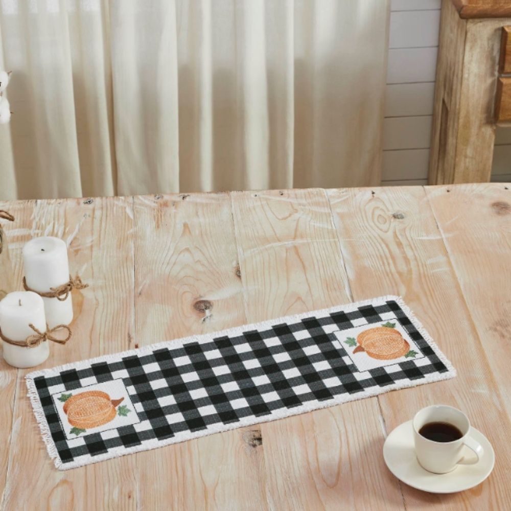 Pumpkin Harvest Buffalo Plaid Table Runner 8x24 Country Farmhouse Fringed